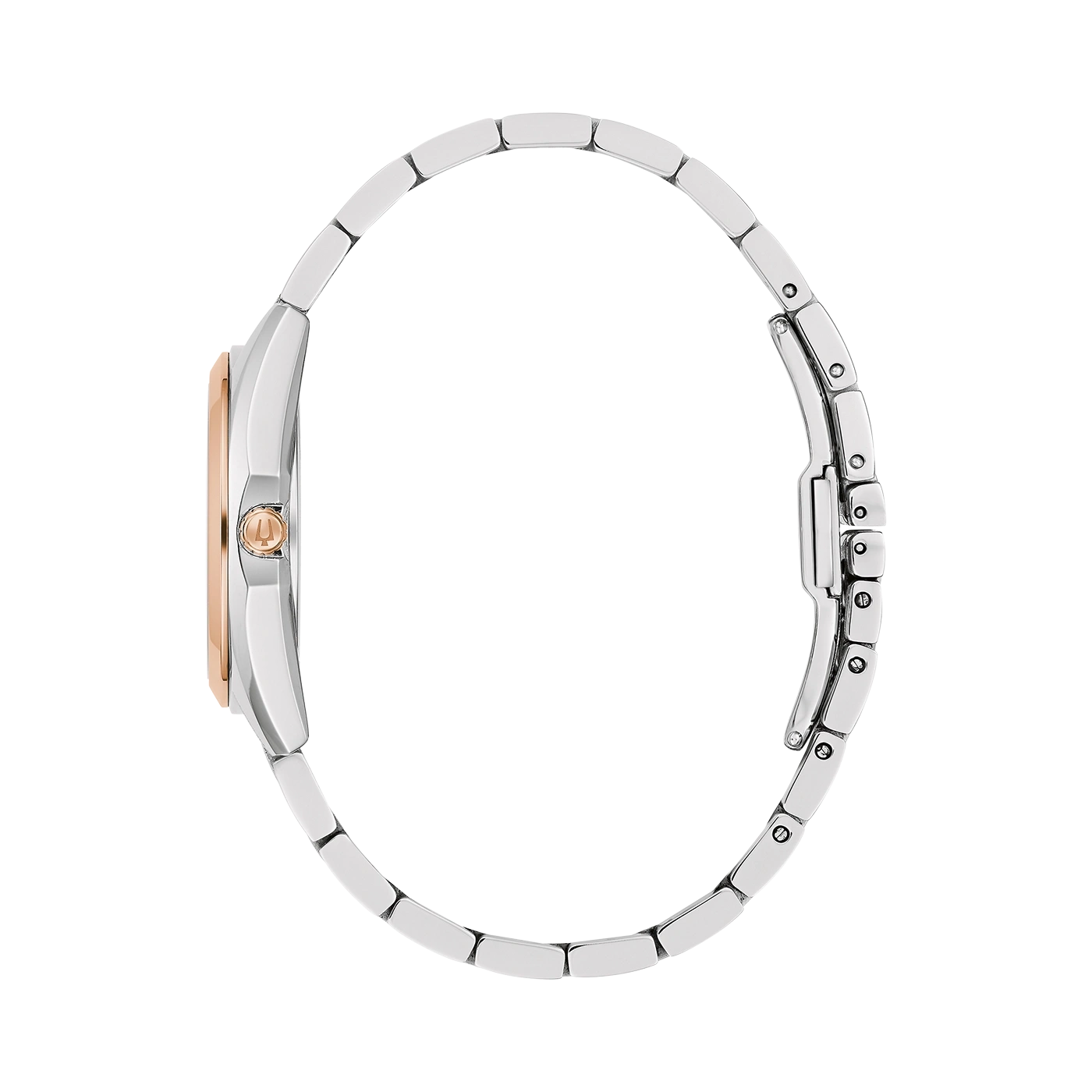 Horloge, zilveren band, roségouden wijzerplaat, zijaanzicht, elegant ontwerp, accessoire