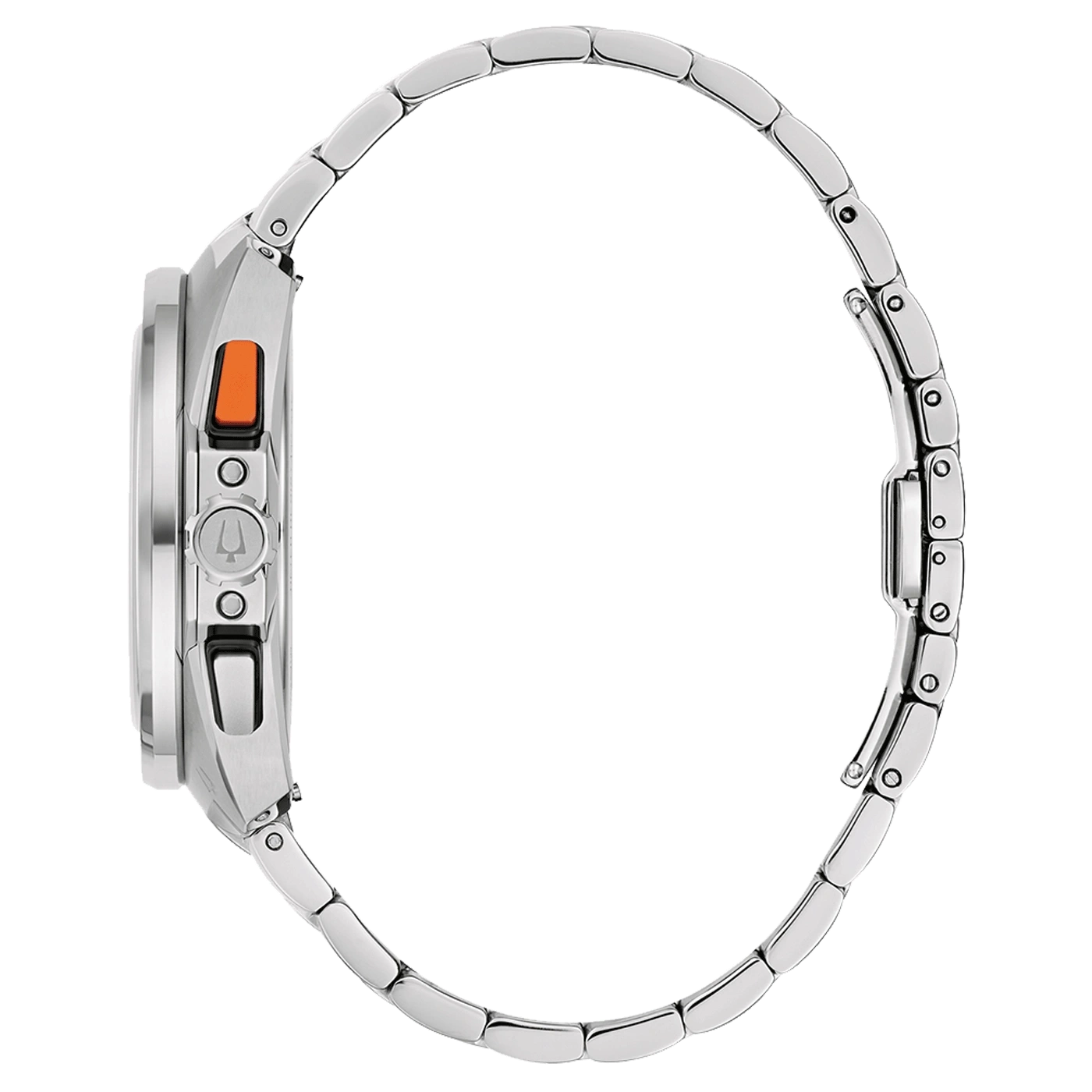 Horloge, zilveren band, oranje knop, zijaanzicht, detailopname, accessoire, mode