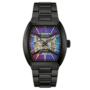 Zwart Bulova horloge met skelet wijzerplaat en regenboogkleuren, automatisch