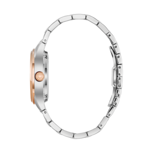 Horloge, zilveren band, roségouden wijzerplaat, zijaanzicht, elegant ontwerp, accessoire, mode