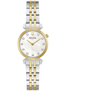 Bulova dameshorloge, gouden wijzerplaat, diamanten, tweekleurige band, elegant