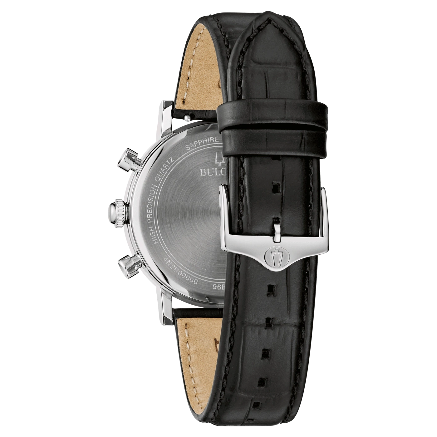 Zwarte horloge met leren band en zilveren gesp, close-up