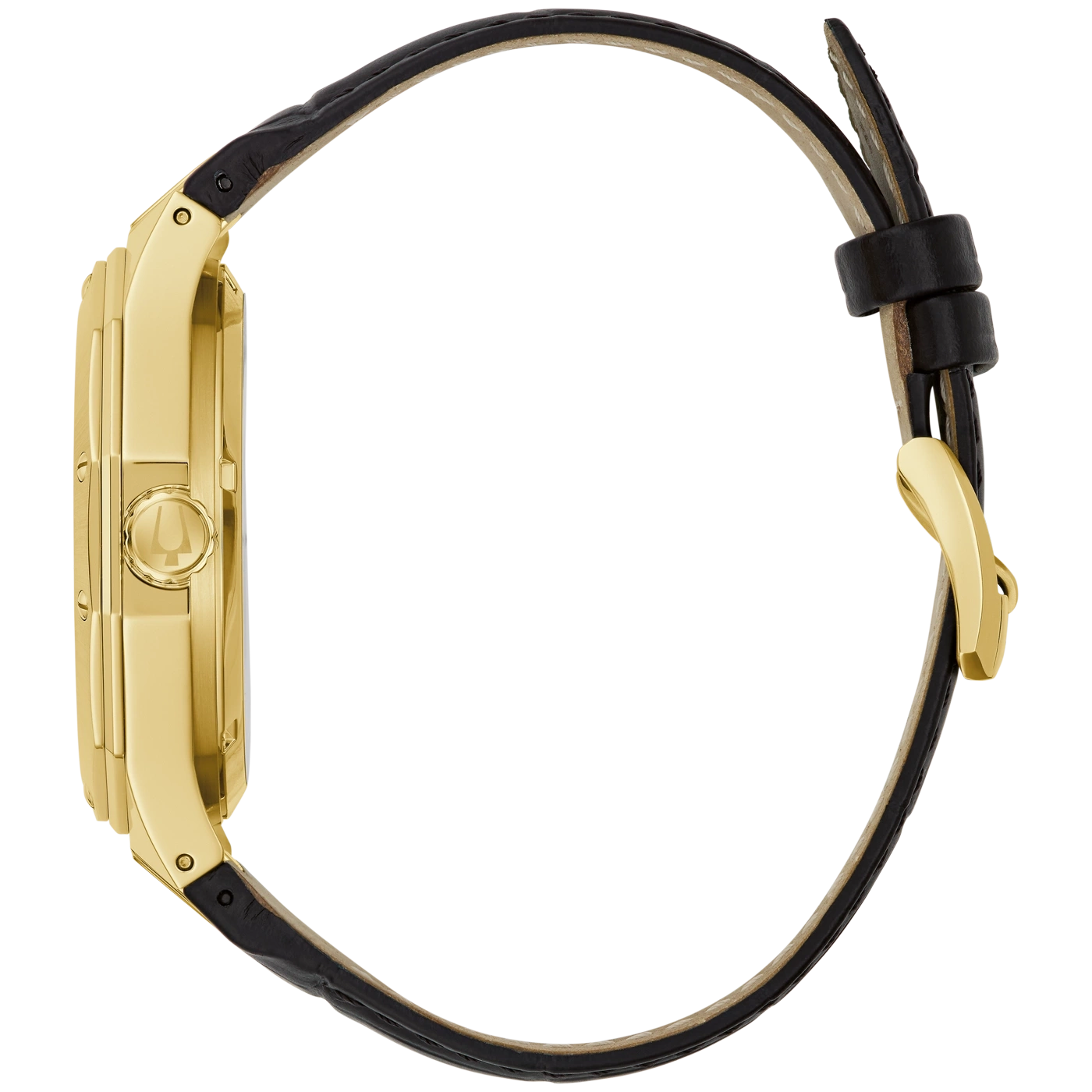 Gouden horloge met zwart leren bandje van opzij.