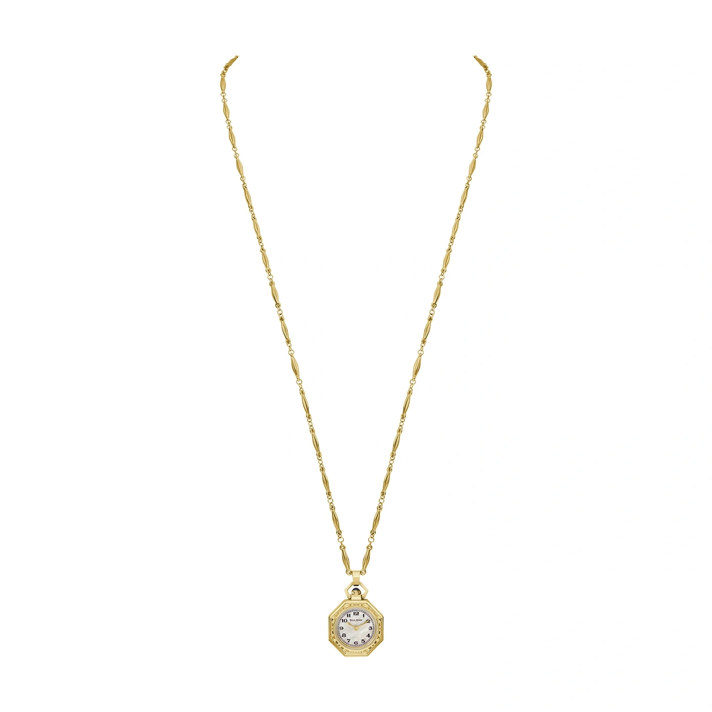 Gouden ketting met achthoekig horloge, elegant sieraad, geïsoleerd op wit