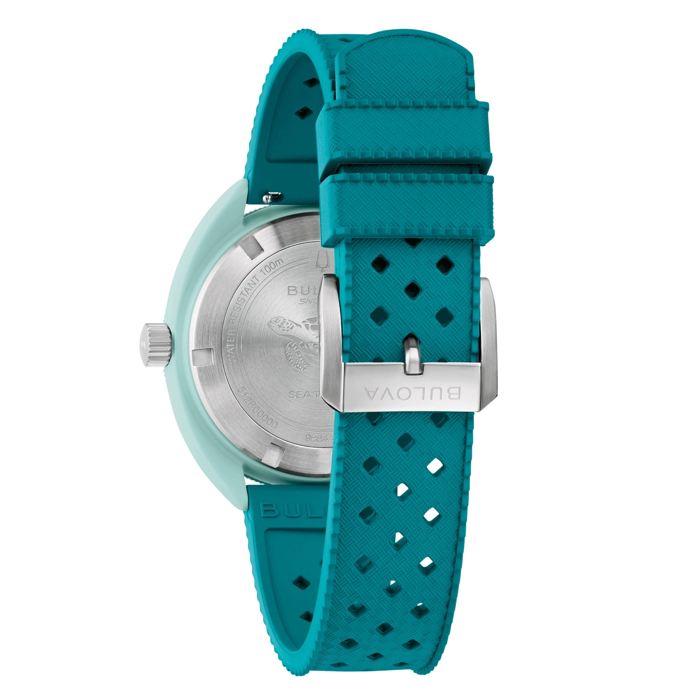 Turquoise horloge met band, Bulova-logo, close-up, detailopname