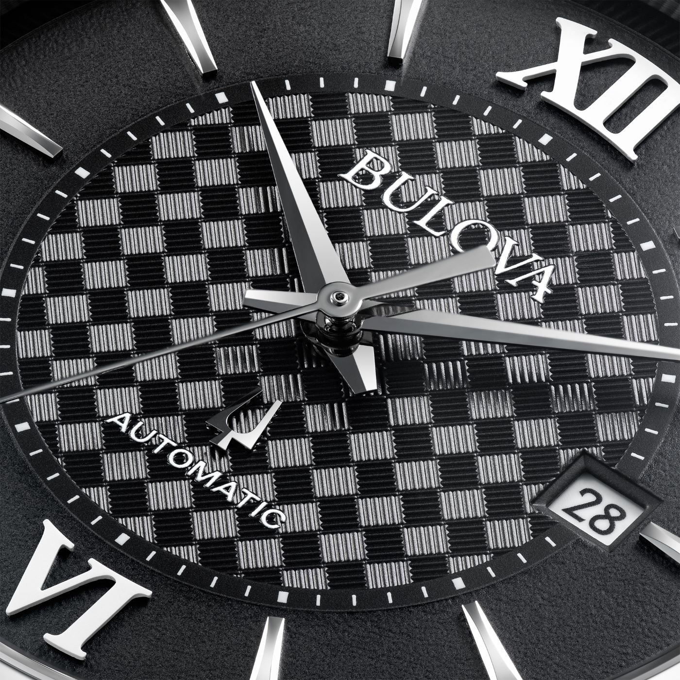 Bulova horloge, zwart wijzerplaat, dambordpatroon, Romeinse cijfers, datum 28, automatisch