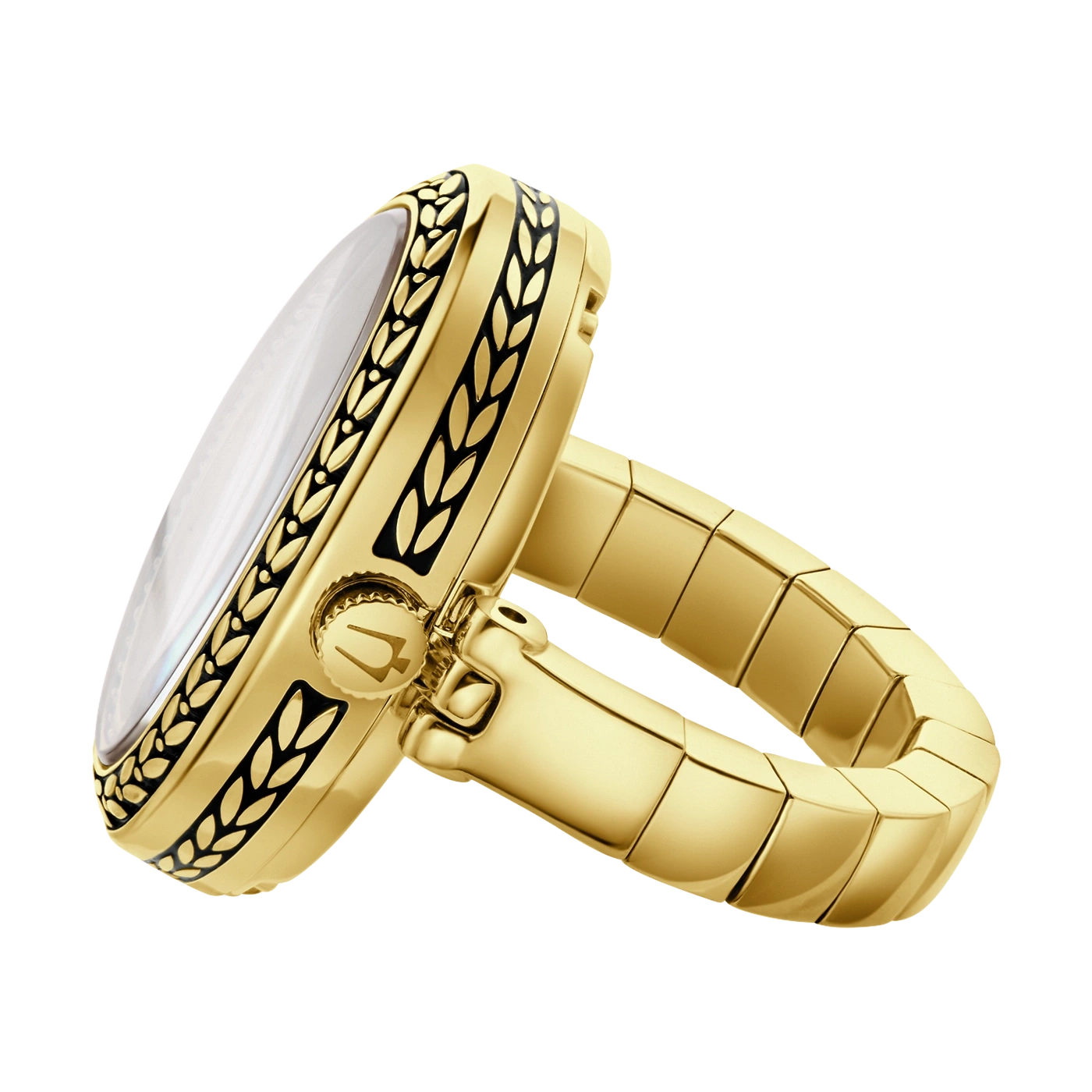 Gouden ring met zwart patroon en parelmoeren wijzerplaat