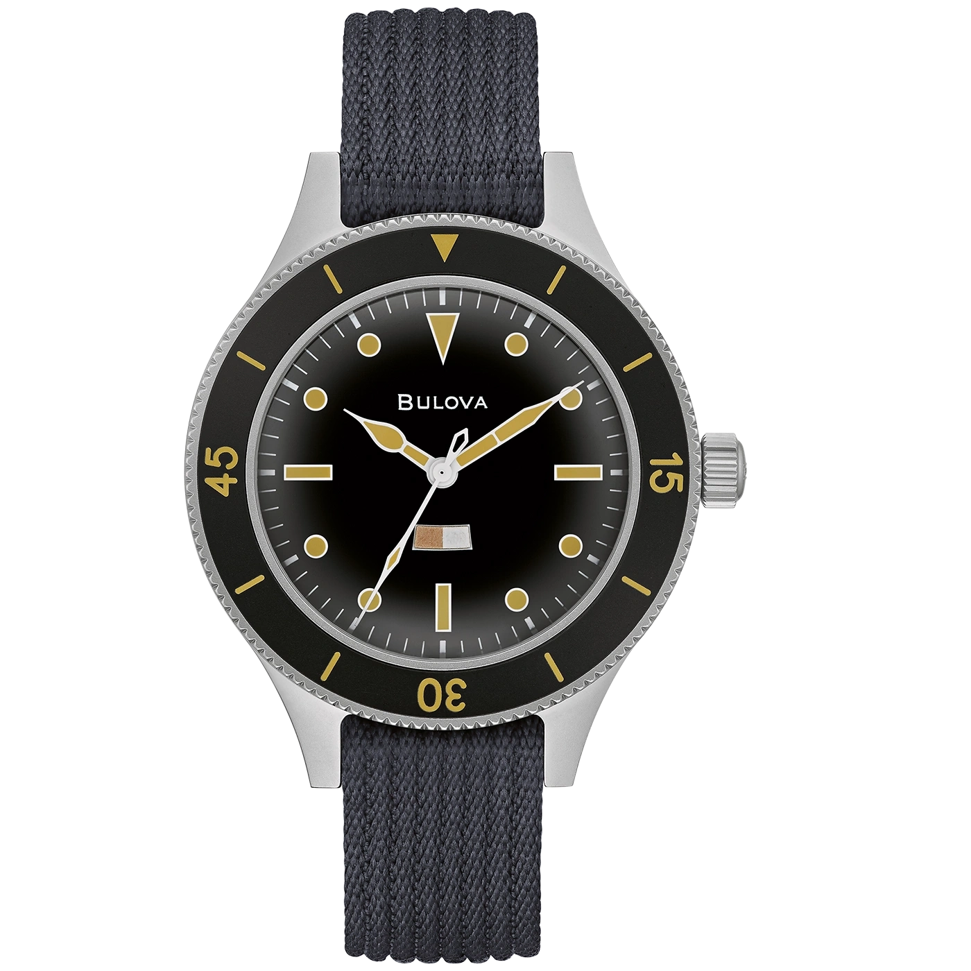 Bulova horloge met zwarte wijzerplaat en grijze band. Gouden accenten en details.