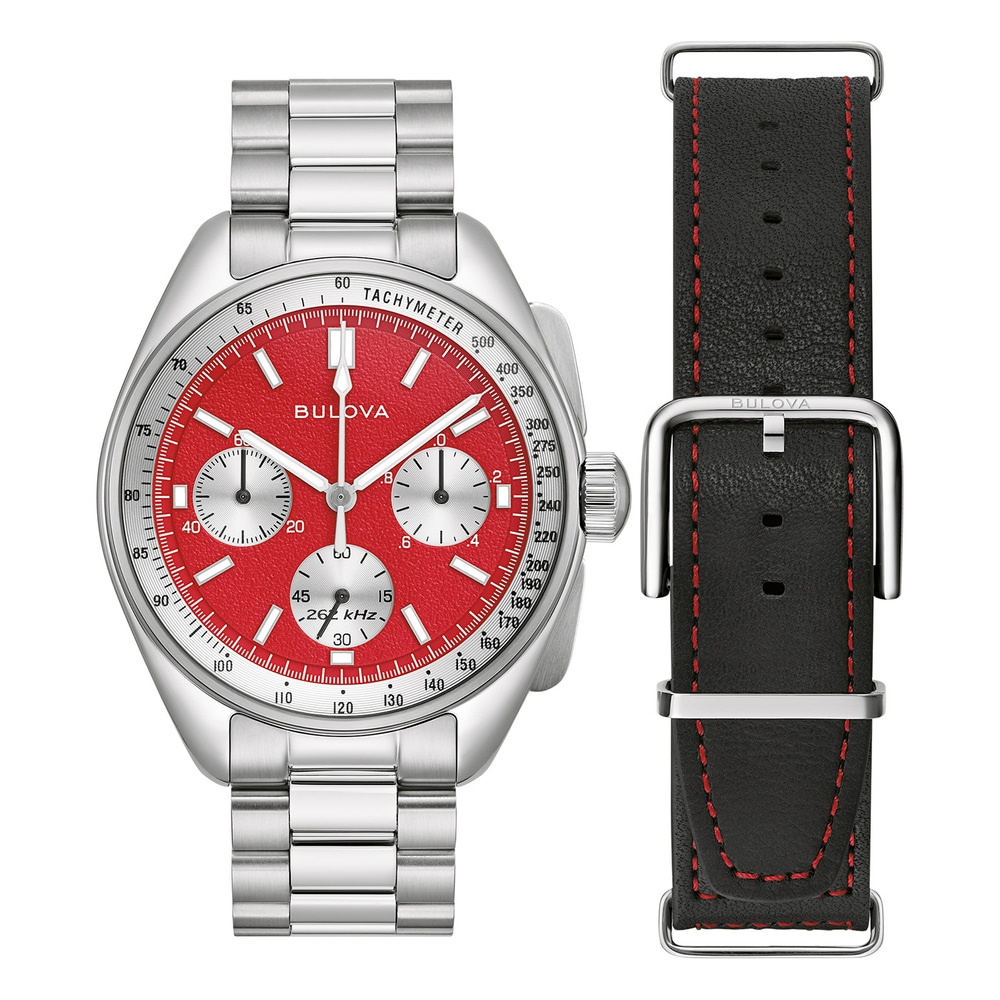 Bulova horloge met rode wijzerplaat en zwart lederen band met rode stiksels.