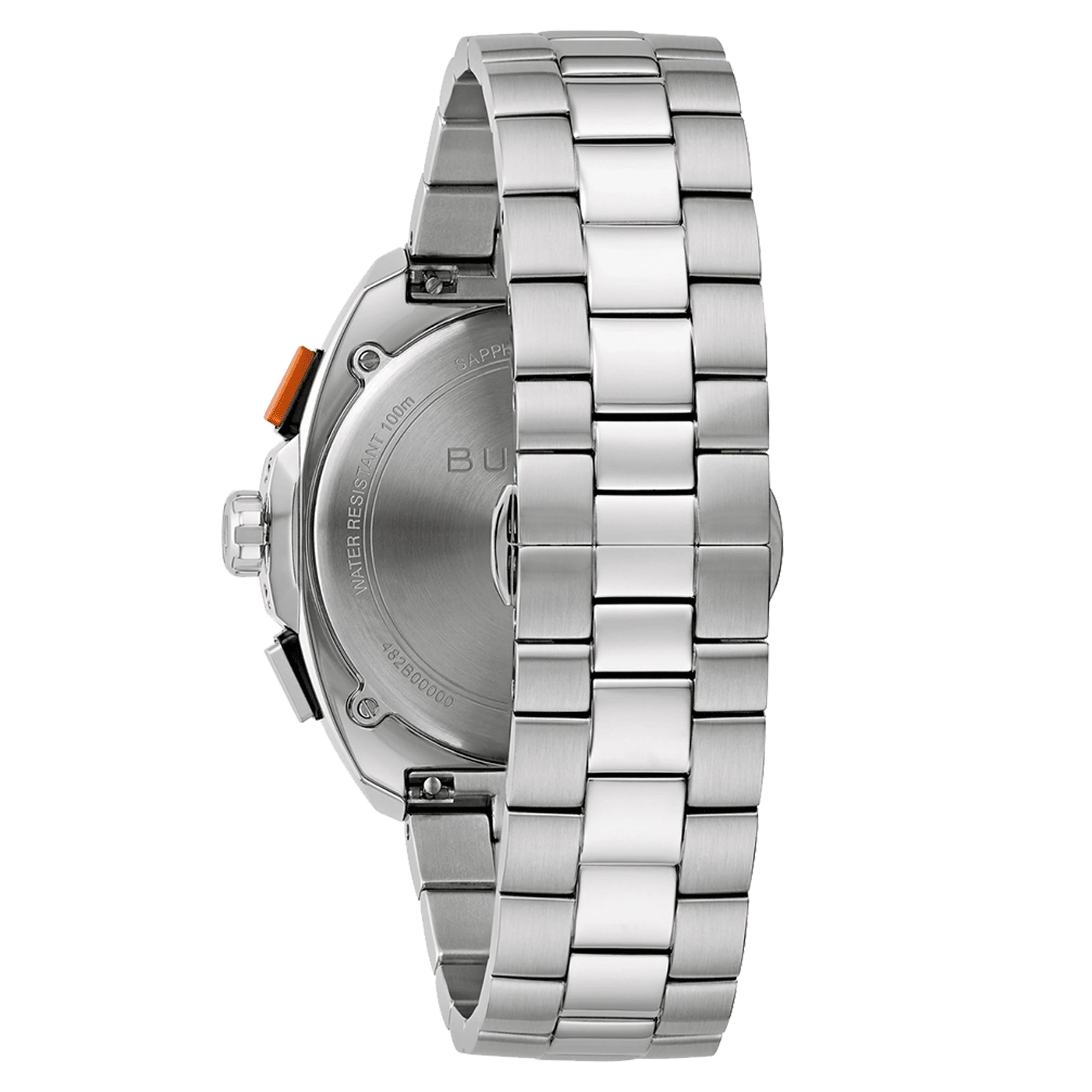 Horloge met metalen band, detailopname, zilverkleurig, waterdicht, 100m, saffierglas
