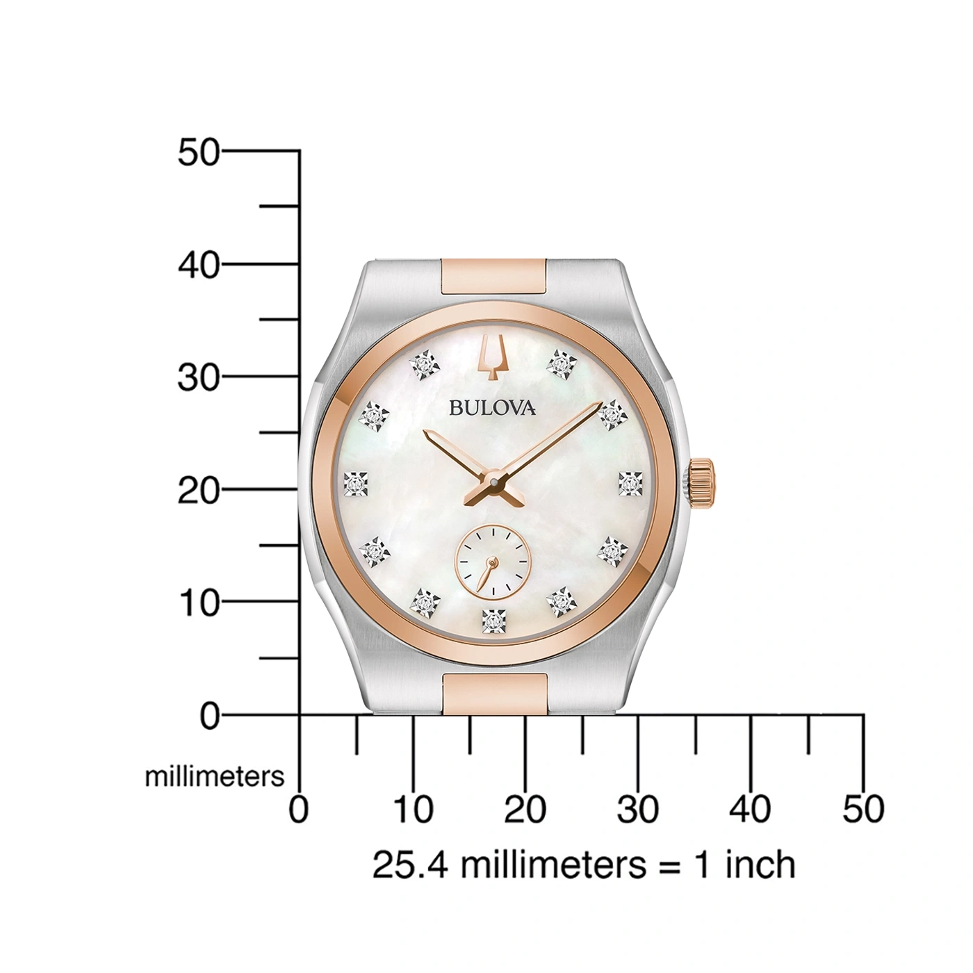 Horloge met diamanten, schaalverdeling, Bulova-logo, millimeter, roségoud, zilverkleurige kast.