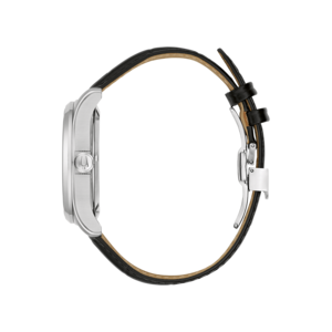Horloge met zwart lederen band, zijaanzicht, zilveren kast, elegant ontwerp