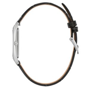 Horloge met zwart leren bandje, zijaanzicht, elegant design, accessoire