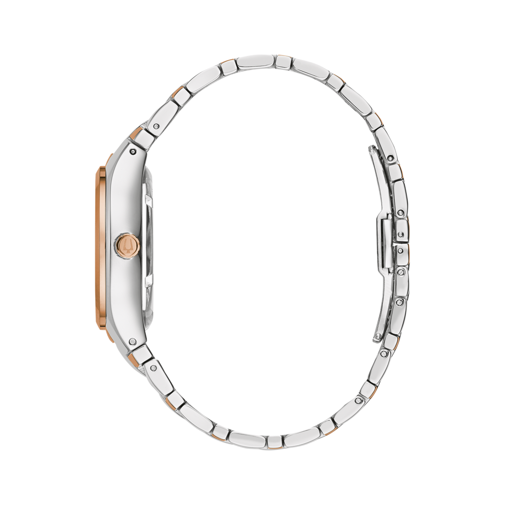 Horloge, zilveren band, roségouden wijzerplaat, zijaanzicht, elegant ontwerp, accessoire