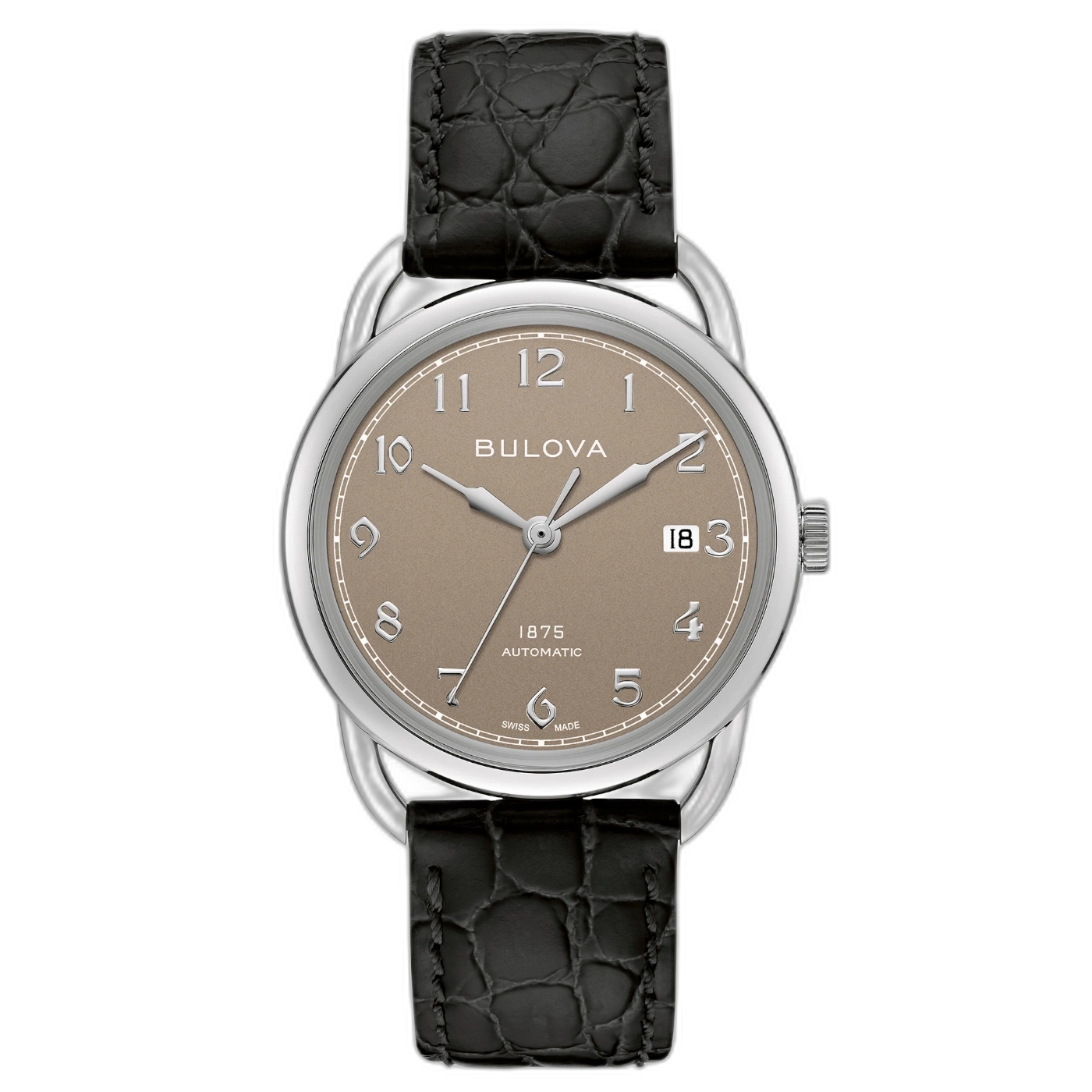Bulova horloge met bruine wijzerplaat en zwarte leren band.