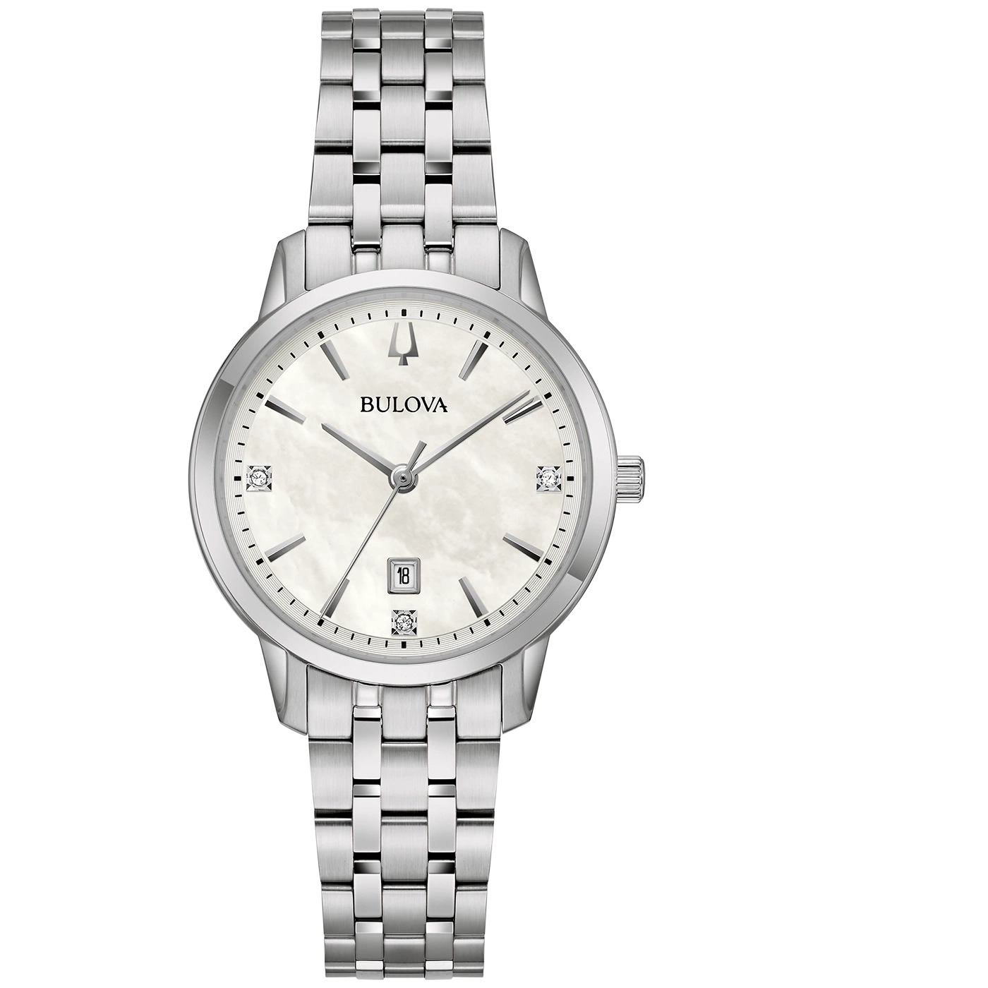 Bulova dameshorloge, zilveren band, parelmoer wijzerplaat, diamanten, datum