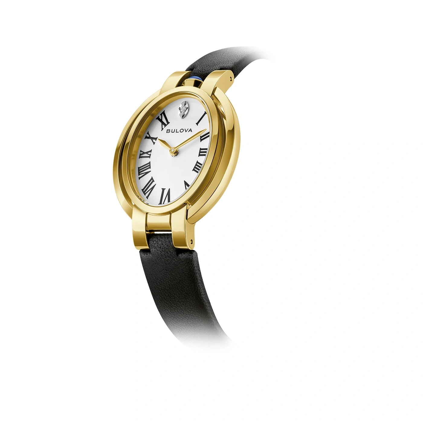 Gouden dameshorloge met Romeinse cijfers en zwarte leren band, Bulova.