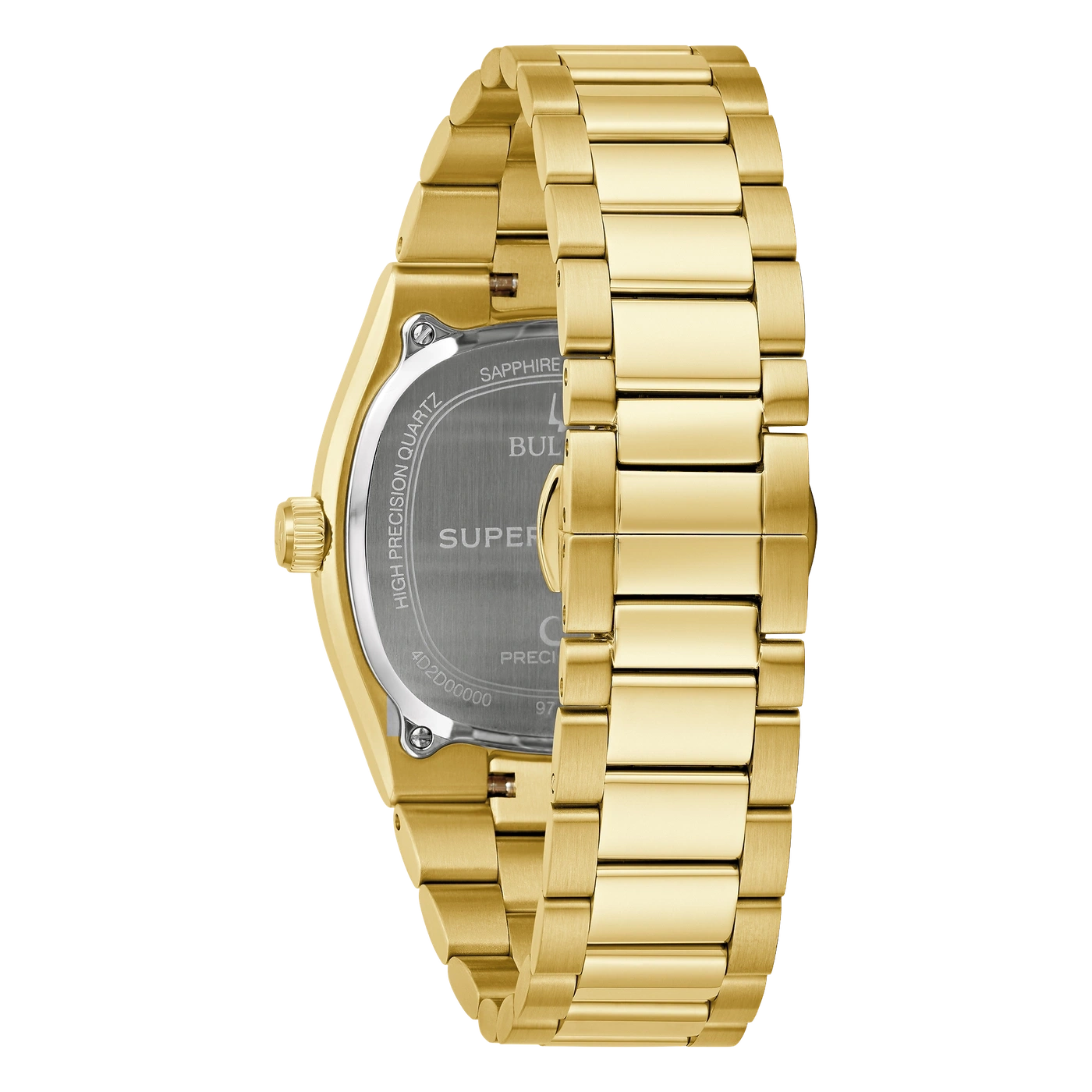 Een gouden herenhorloge-band achterkant met precisiegravures.