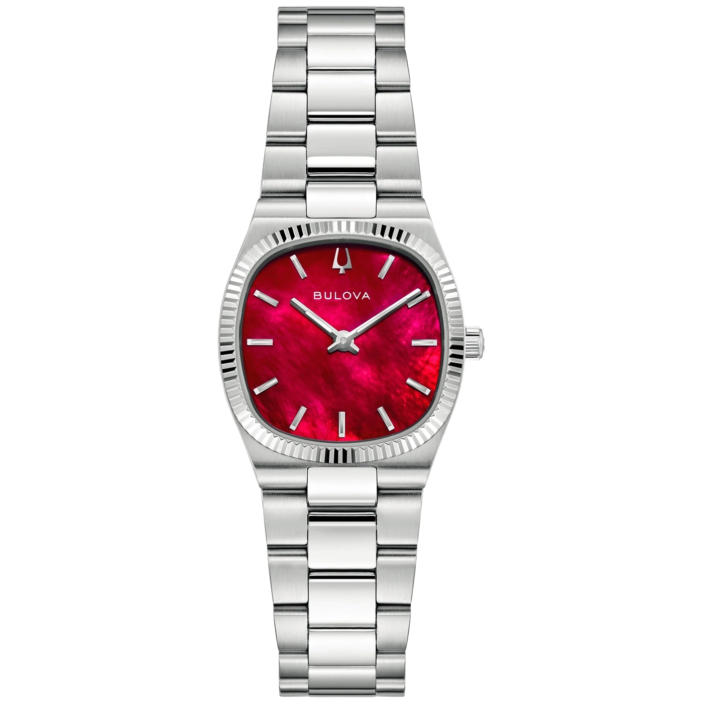 Een zilveren Bulova horloge met een rode wijzerplaat en zilveren band.