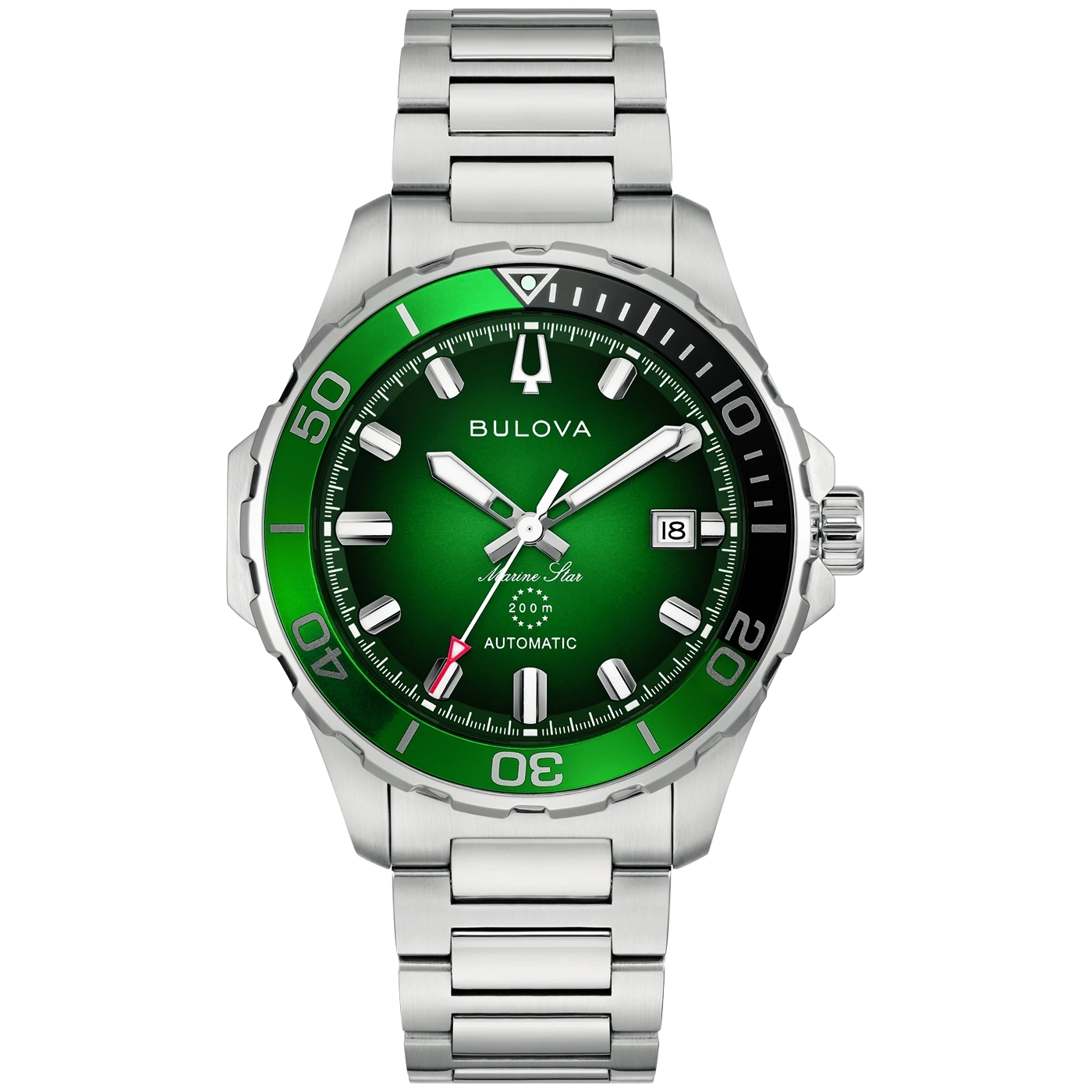 Een groene Bulova Marine Star automatische horloge met zilveren band.