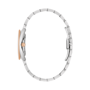 Horloge, zilveren band, roségouden kast, zijaanzicht, elegant ontwerp, accessoire, mode