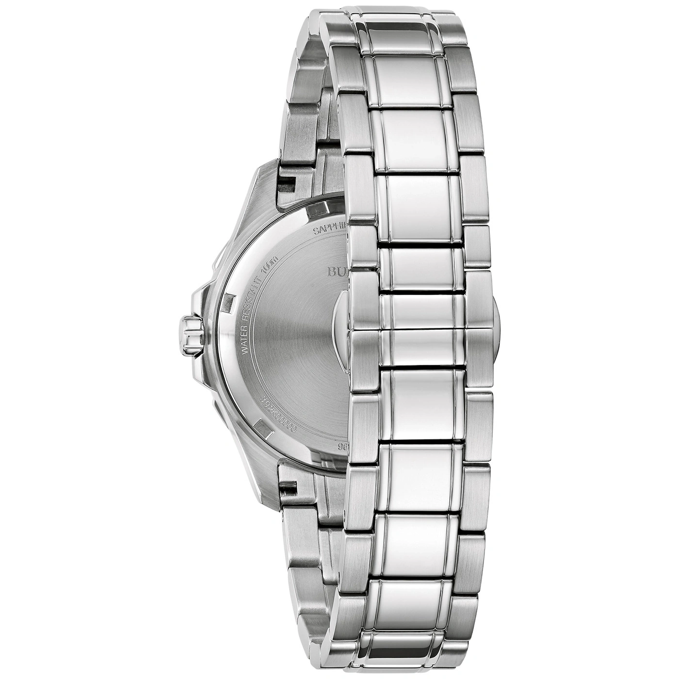 Roestvrijstalen horloge, achterkant met gravure, schakelarmband, close-up