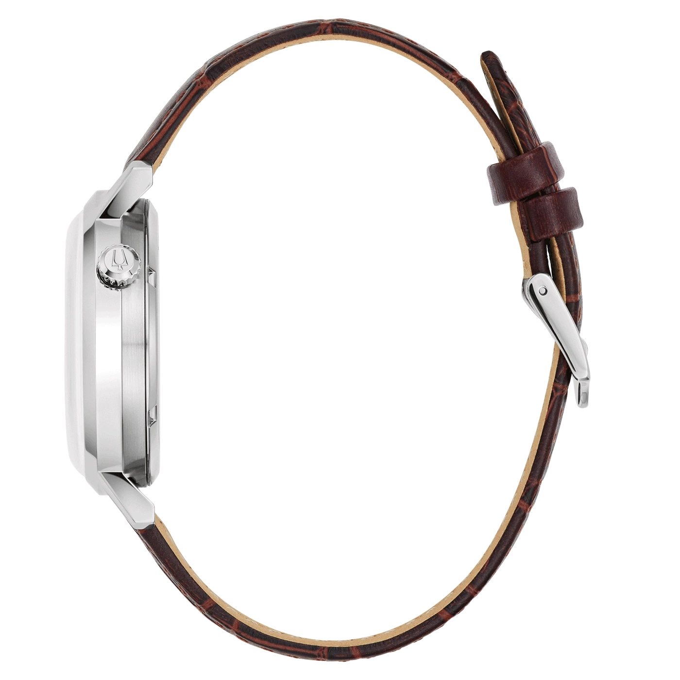 Horloge met bruine leren band, zijaanzicht, zilveren kast, close-up detail