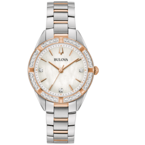 Bulova dameshorloge, zilverkleurige kast, roségouden accenten, diamanten, parelmoer wijzerplaat, armband