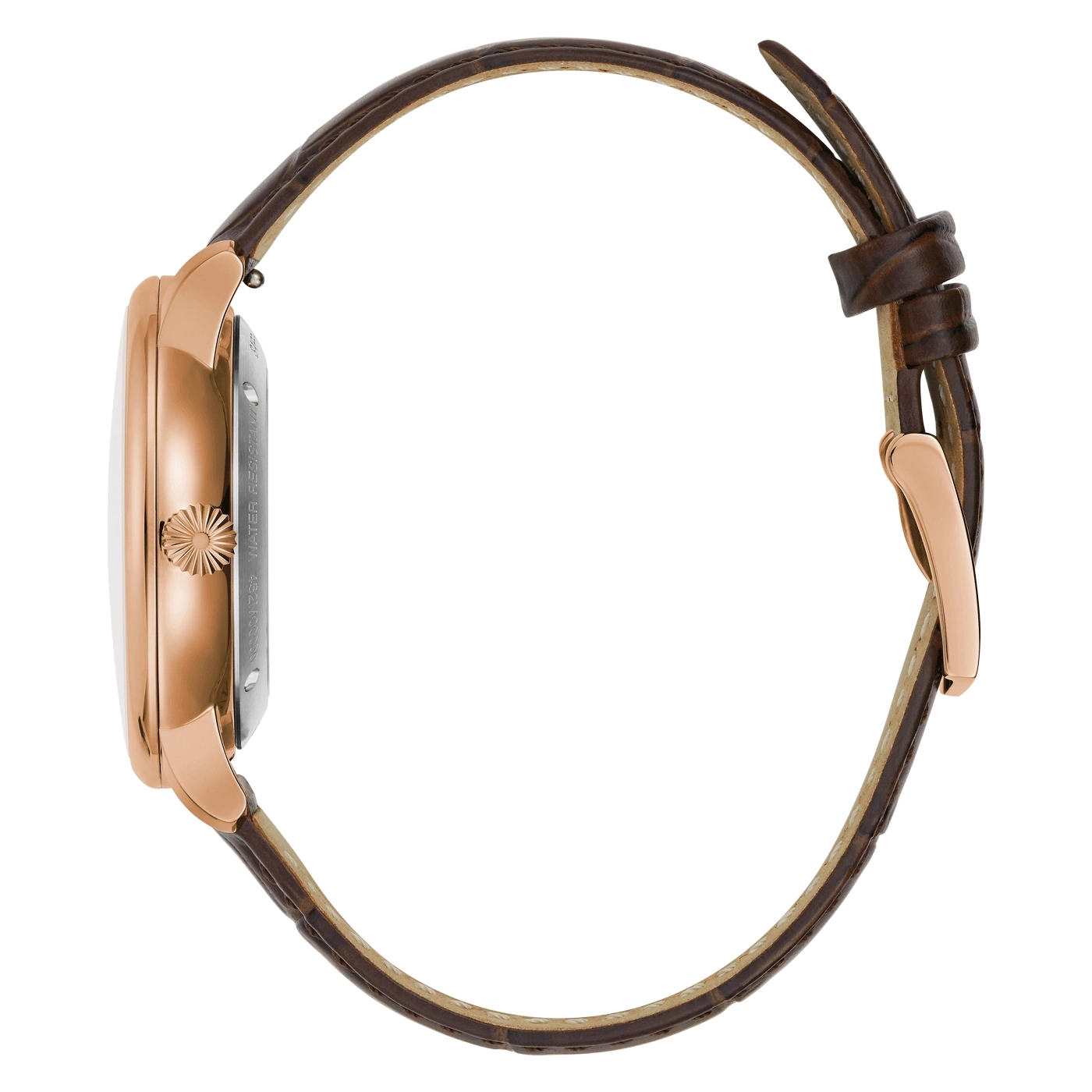 Horloge met bruine leren band en roségouden kast, detailopname