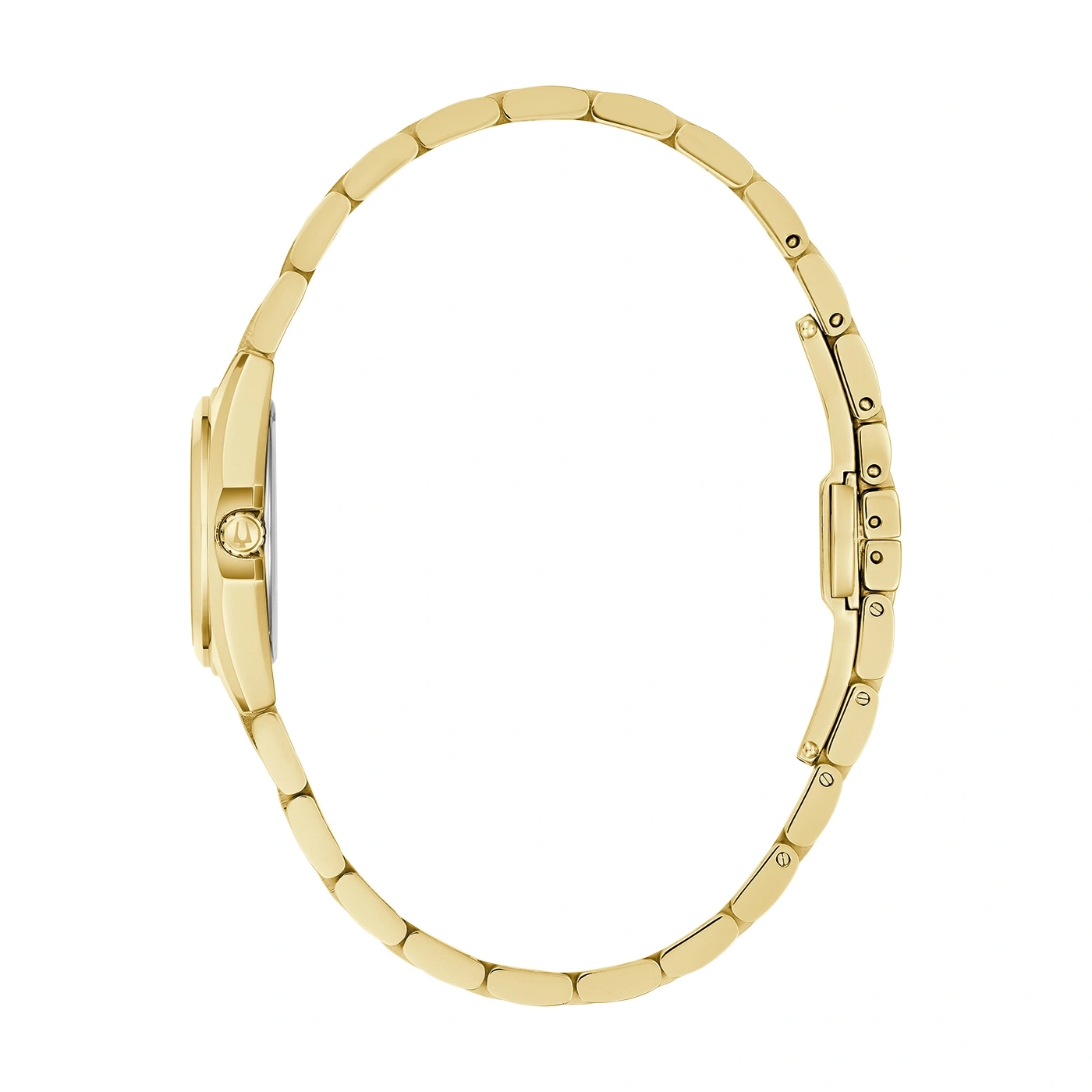 Gouden horloge, zijaanzicht, elegant ontwerp, luxe accessoire, geïsoleerd op wit
