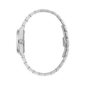 Zilveren horloge met armband. Tijdwaarneming, elegant, modern, accessoire, metaal, detail, stijl, mode, sieraden.