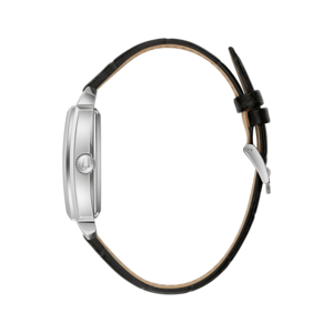 Horloge met zwart lederen band, zilveren kast en detailweergave