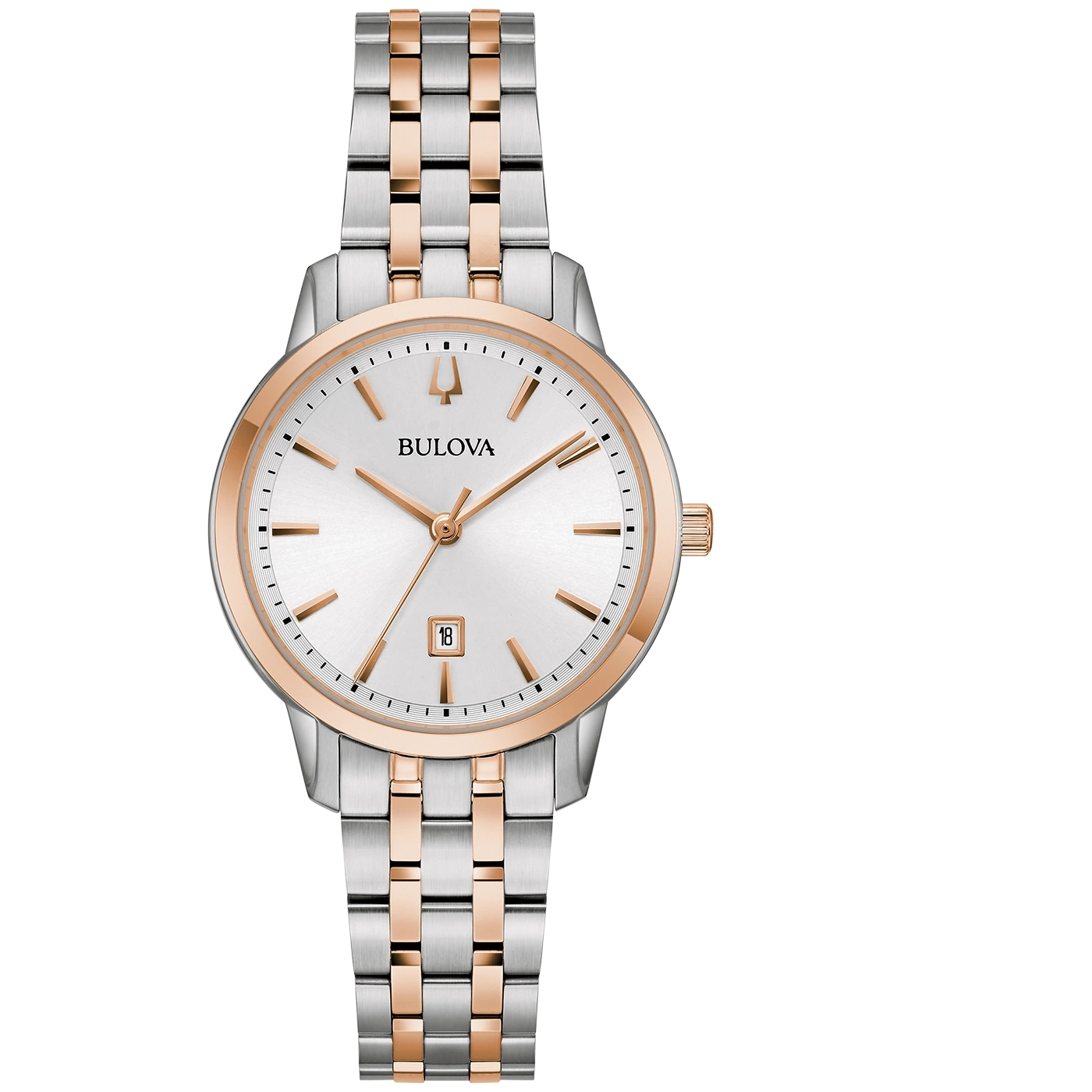Bulova horloge met zilveren wijzerplaat en roségouden accenten