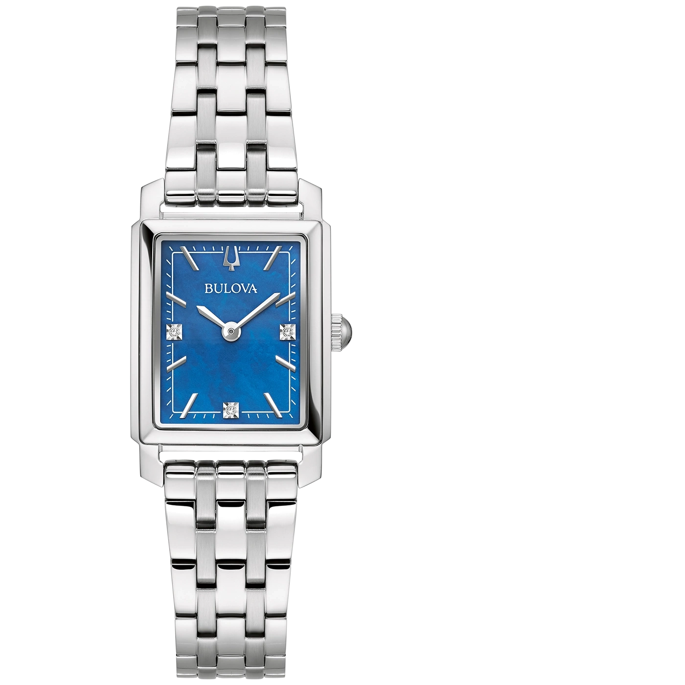 Bulova dameshorloge met blauwe wijzerplaat en zilveren band, rechthoekig