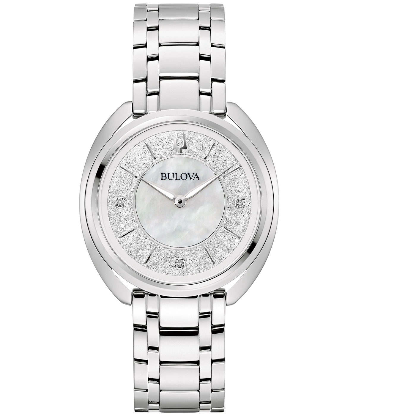 Zilveren Bulova dameshorloge met parelmoer wijzerplaat en diamanten, elegant