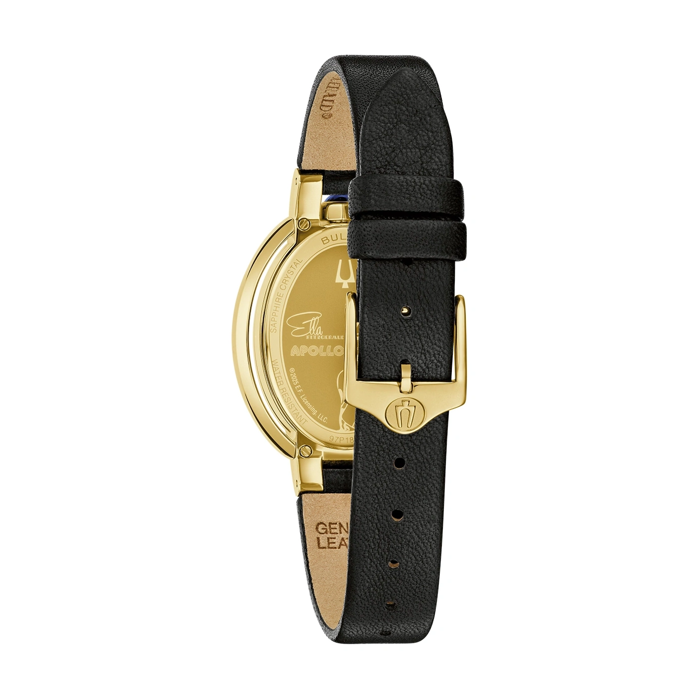 Gouden horloge met zwart lederen band, detail, achterkant, close-up, Apollo, Ella Fitzgerald.