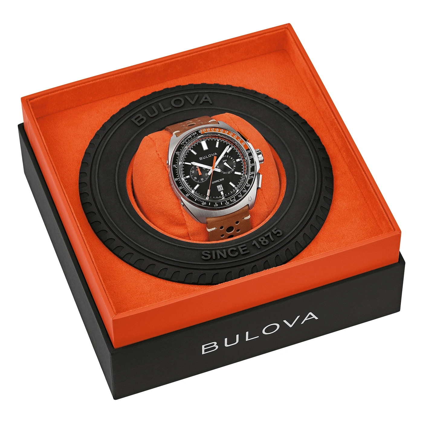 Bulova horloge in een doos met bandenontwerp, oranje en zwart.