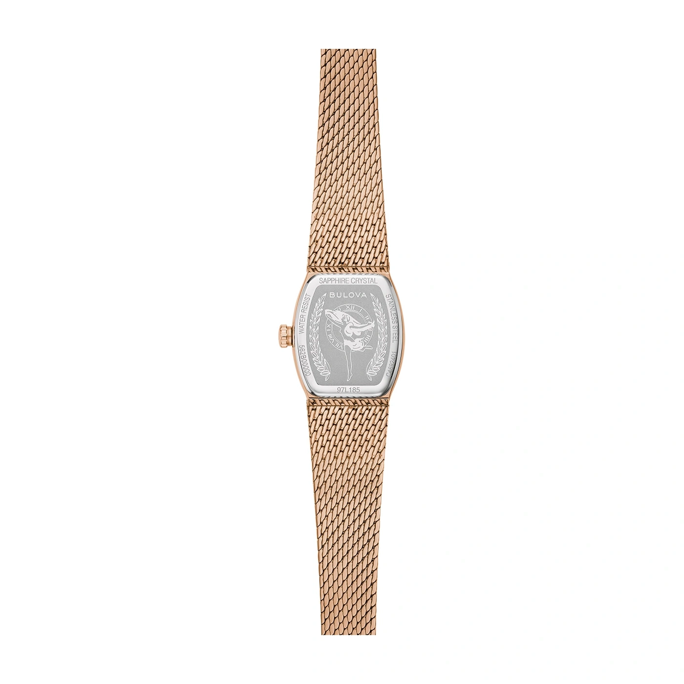 Rosegoldkleurig dameshorloge met mesh band, Bulova logo, saffierglas, roestvrij staal