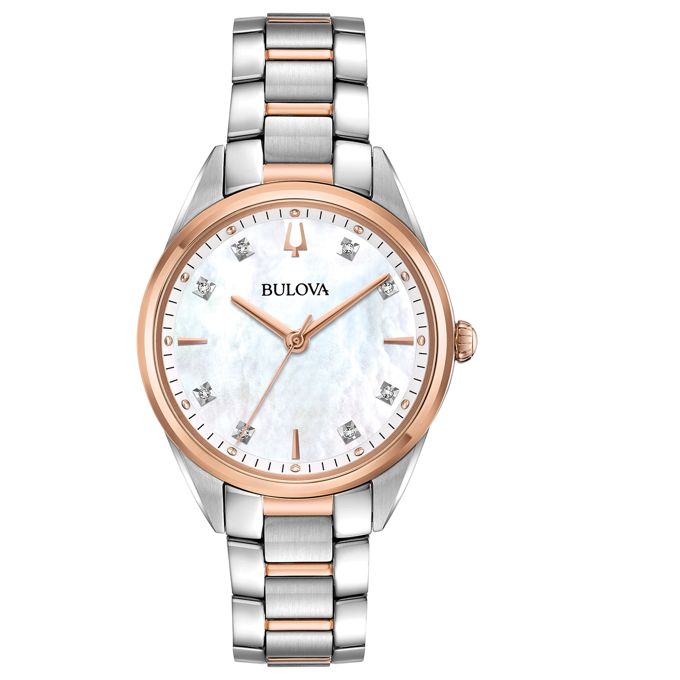 Bulova dameshorloge met parelmoer wijzerplaat en diamanten, roségoudkleurig