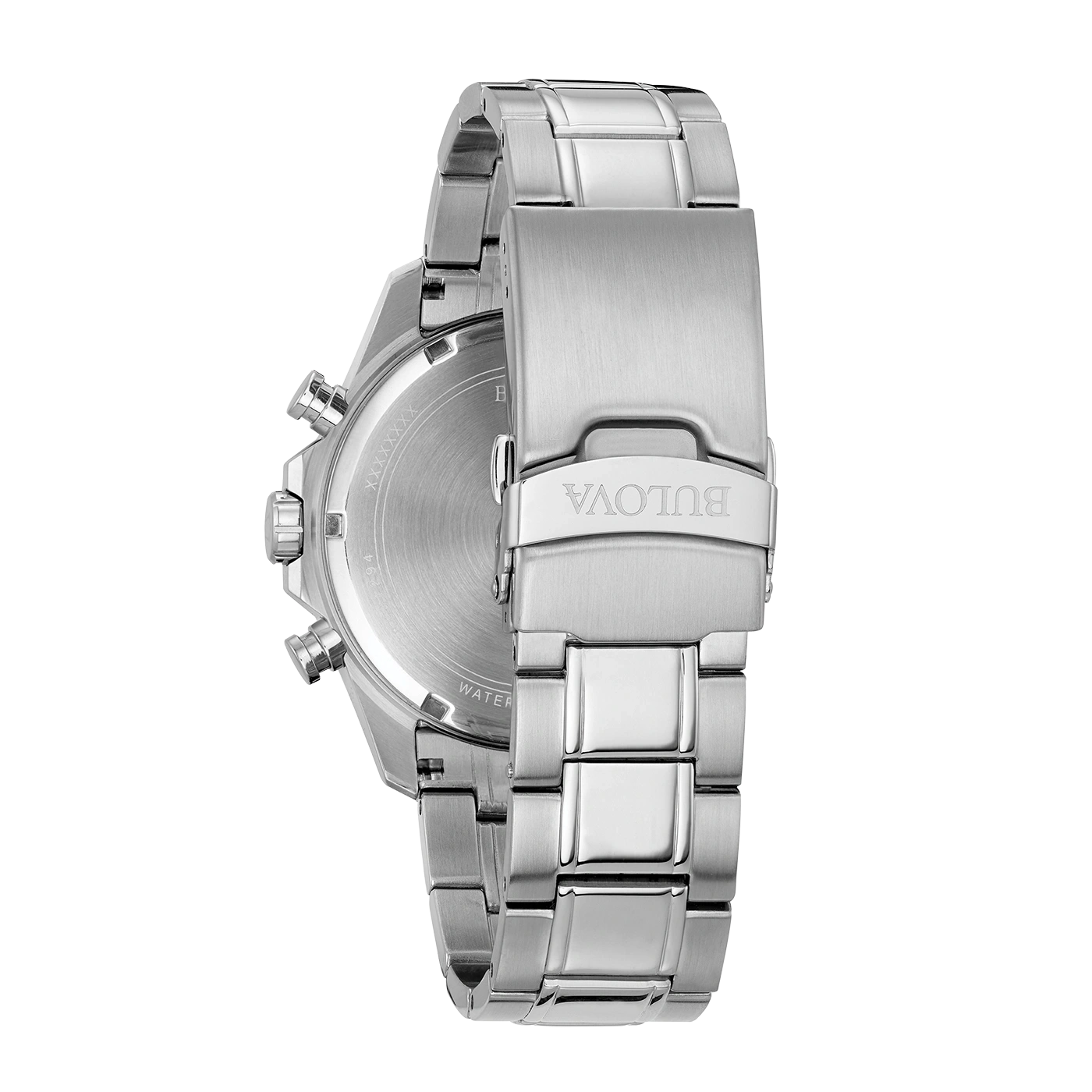 Bulova horloge, roestvrijstalen band, zilver, detailopname, close-up, achterkant