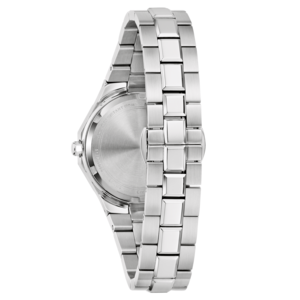Zilveren horloge met metalen band, close-up, detail, achterkant, waterdicht, 100 m
