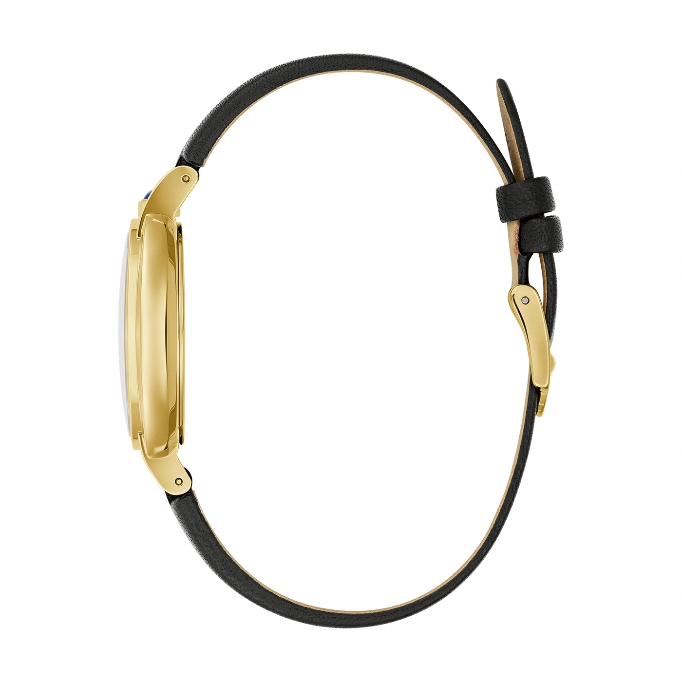 Gouden horloge met zwart leren bandje, zijaanzicht, elegant design