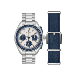 Bulova horloge met blauwe wijzerplaat en band, tachymeter functie, zilverkleurig.