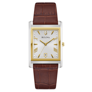 Bulova rechthoekig horloge met bruine leren band en gouden wijzerplaat
