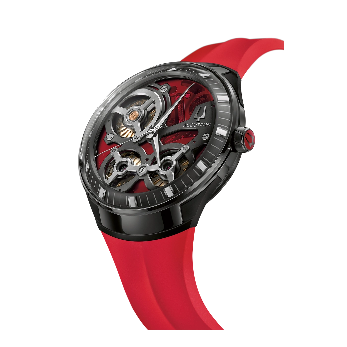 Zwarte horloge met rode band en complex wijzerplaat, Accutron.