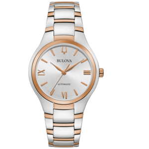 Bulova horloge, zilveren wijzerplaat, roségouden accenten, automatisch, armband