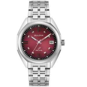 Bulova horloge met rode wijzerplaat en zilveren band, datum 18