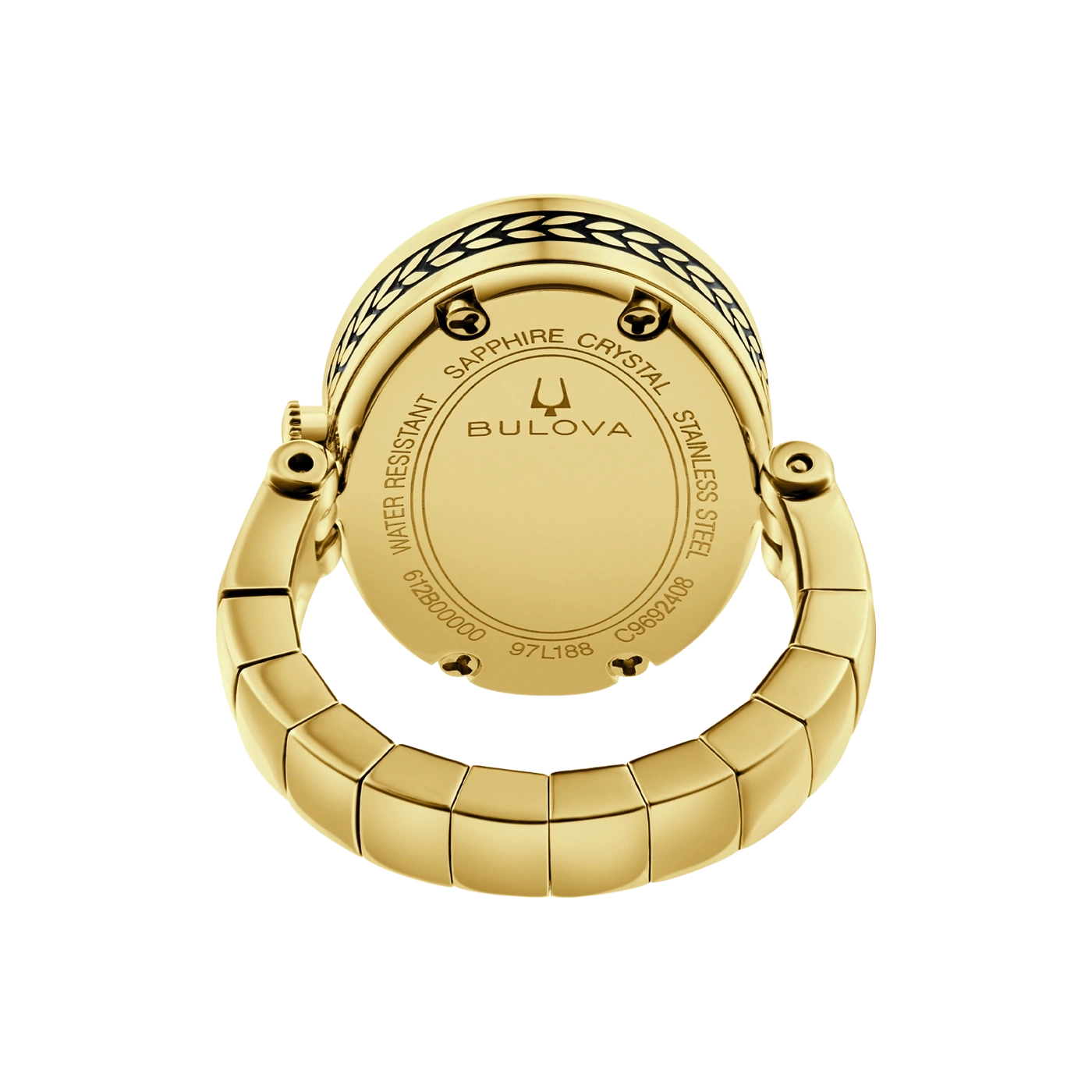 Gouden Bulova horloge met gravures op de achterkant en een band.