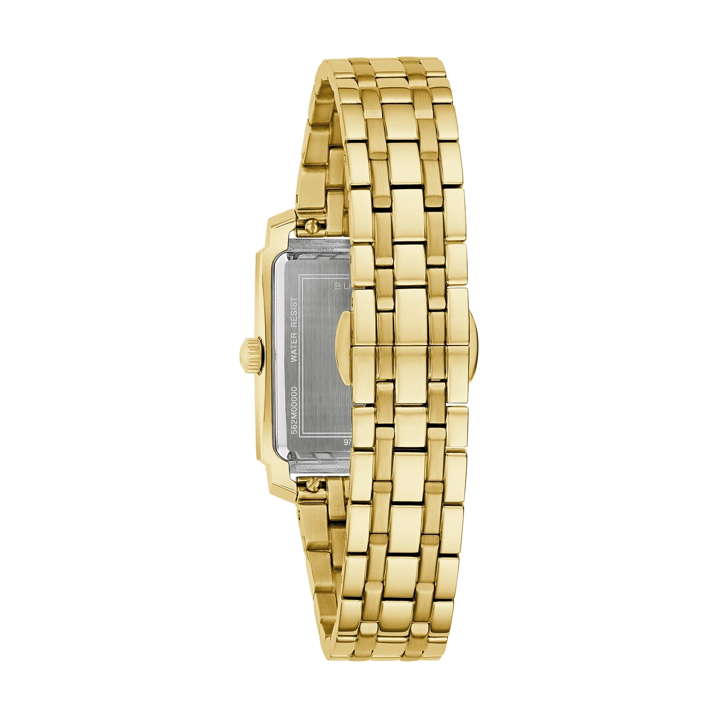 Gouden horloge met rechthoekige wijzerplaat en gouden armband, close-up
