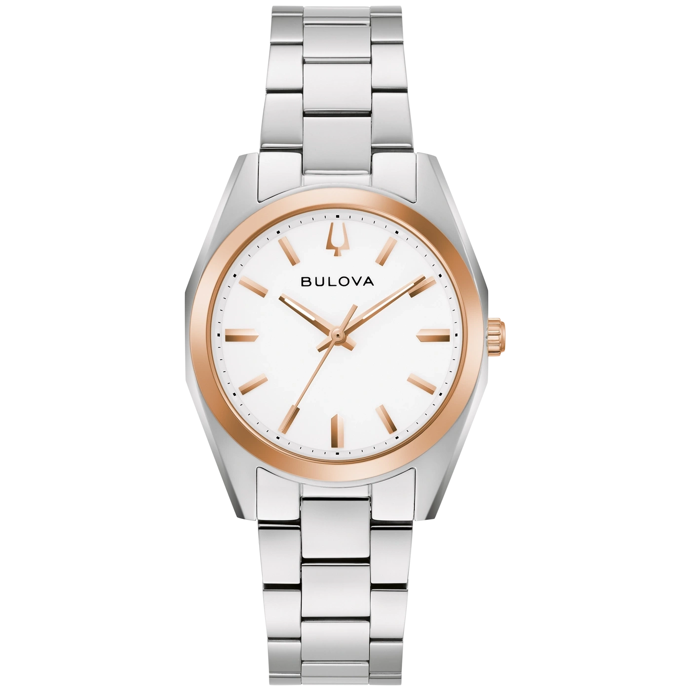 Een stijlvol zilverkleurig en roségouden Bulova horloge met witte wijzerplaat.